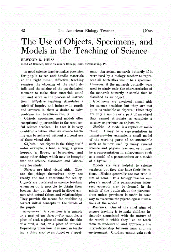 First page of The Use of Objects, Specimens, and Models in the Teaching of Science