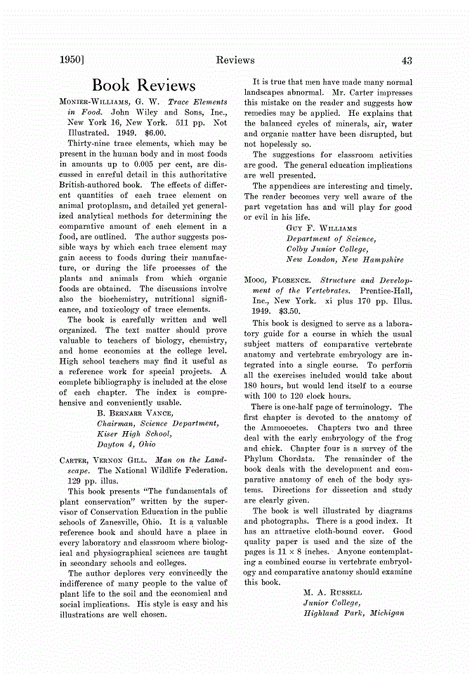 First page of Review: <italic>Structure and Development of the Vertebrates</italic>, by Florence Moog