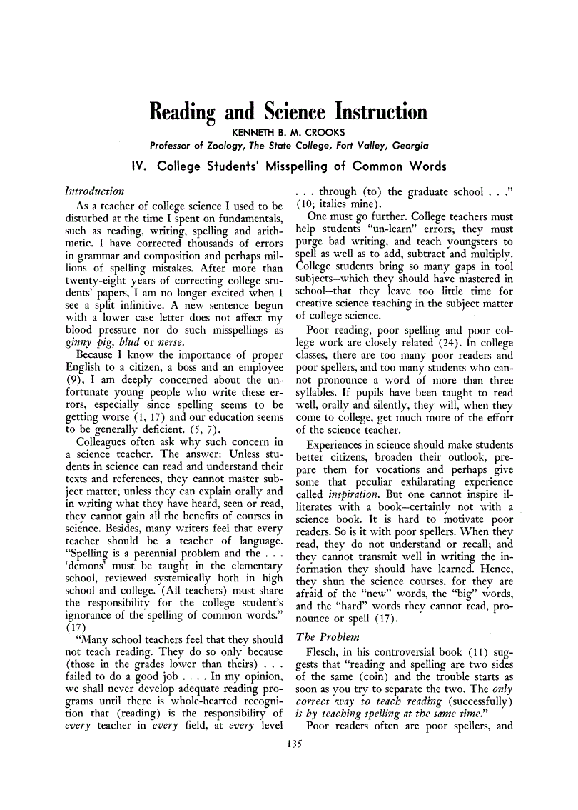 First page of Reading and Science Instruction: IV. College Students' Misspelling of Common Words