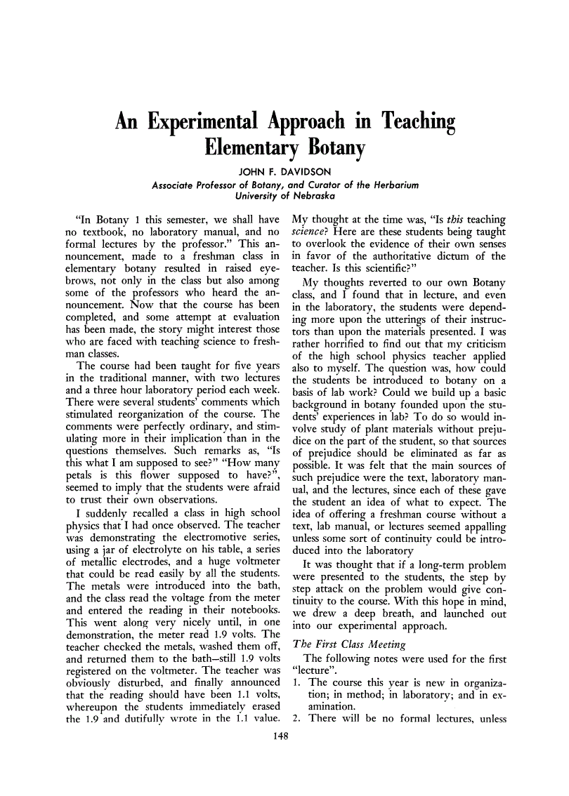 First page of An Experimental Approach in Teaching Elementary Botany