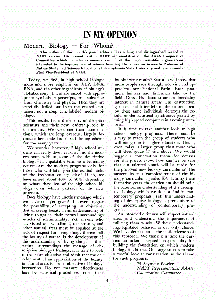 First page of In My Opinion: Modern Biology: For Whom?