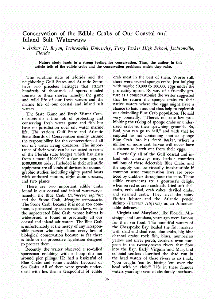 First page of Conservation of the Edible Crabs of Our Coastal and Inland Salt Waterways