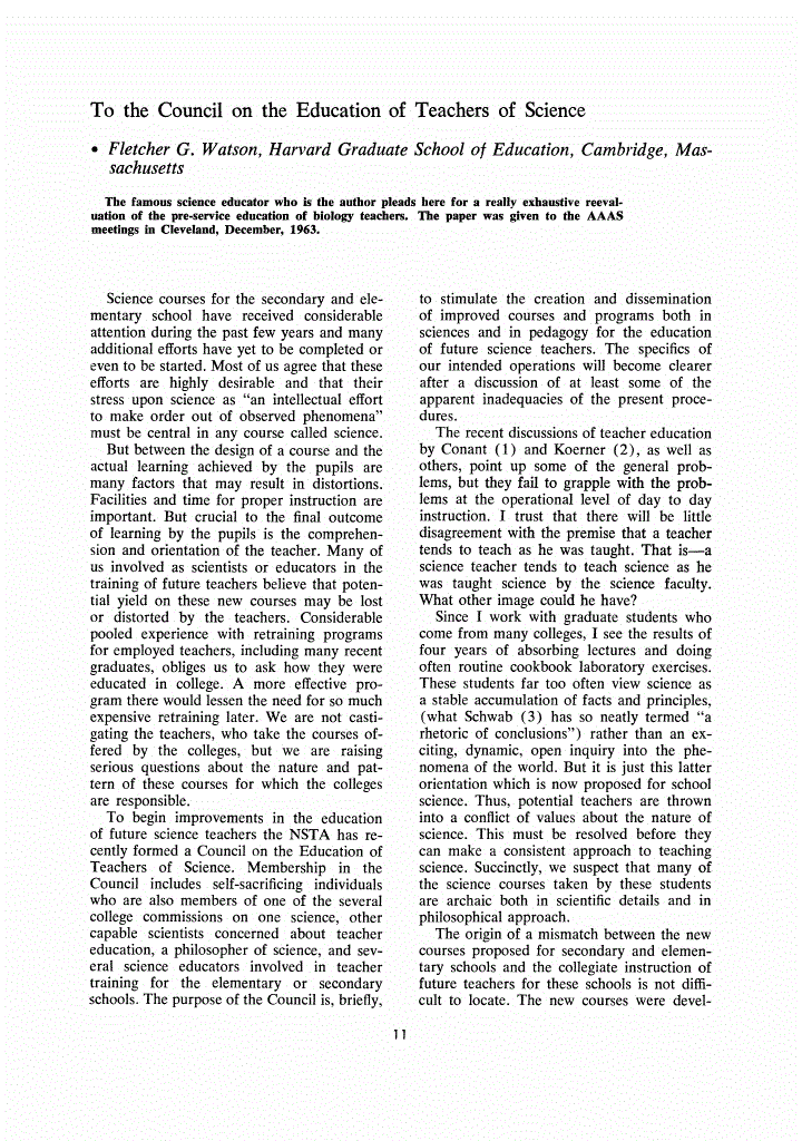 First page of To the Council on the Education of Teachers of Science