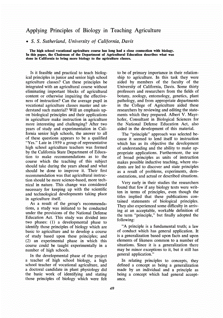First page of Applying Principles of Biology in Teaching Agriculture