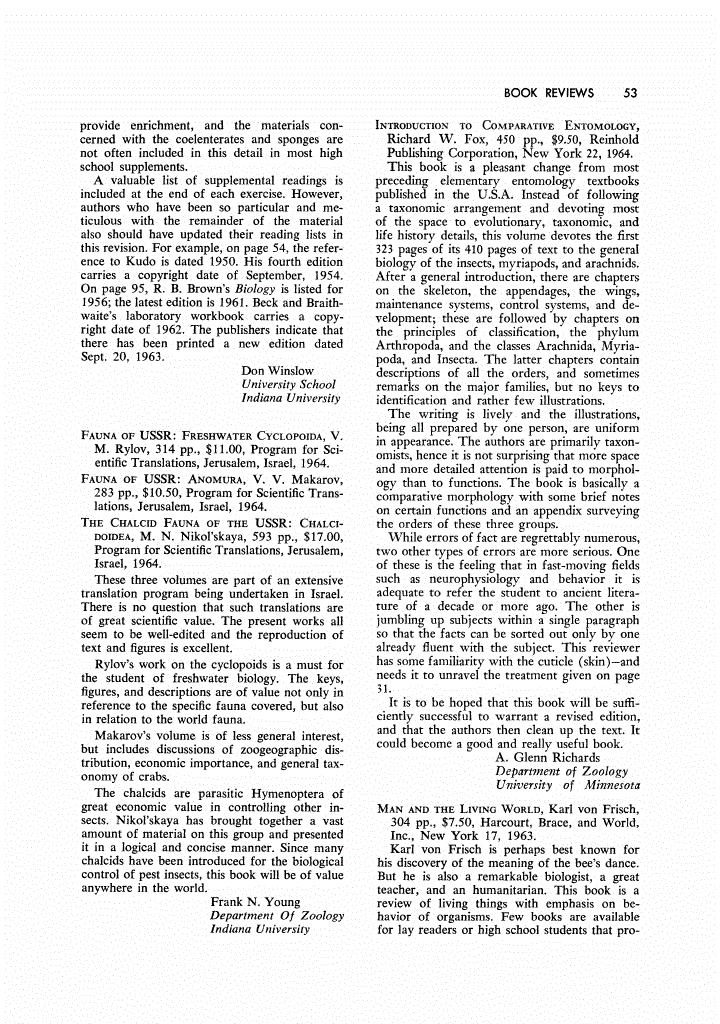 First page of Review: <italic>Fauna of USSR: Freshwater Cyclopoida</italic>, by V. M. Rylov; <italic>Fauna of USSR: Anomura</italic>, by V. V. Makarov; and <italic>The Chalcid Fauna of the USSR: Chalcidoidea</italic>, by M. N. Nikol'skaya
