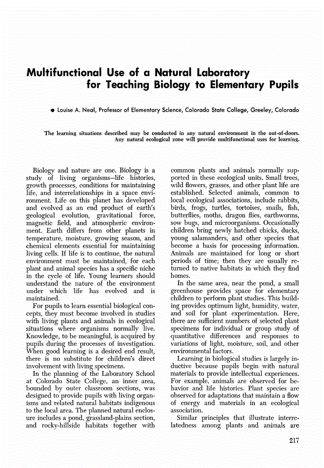 First page of Multifunctional Use of a Natural Laboratory for Teaching Biology to Elementary Pupils