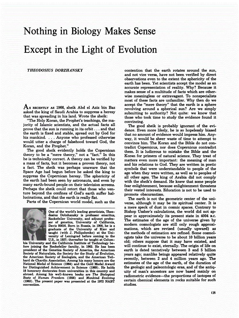 First page of Nothing in Biology Makes Sense except in the Light of Evolution