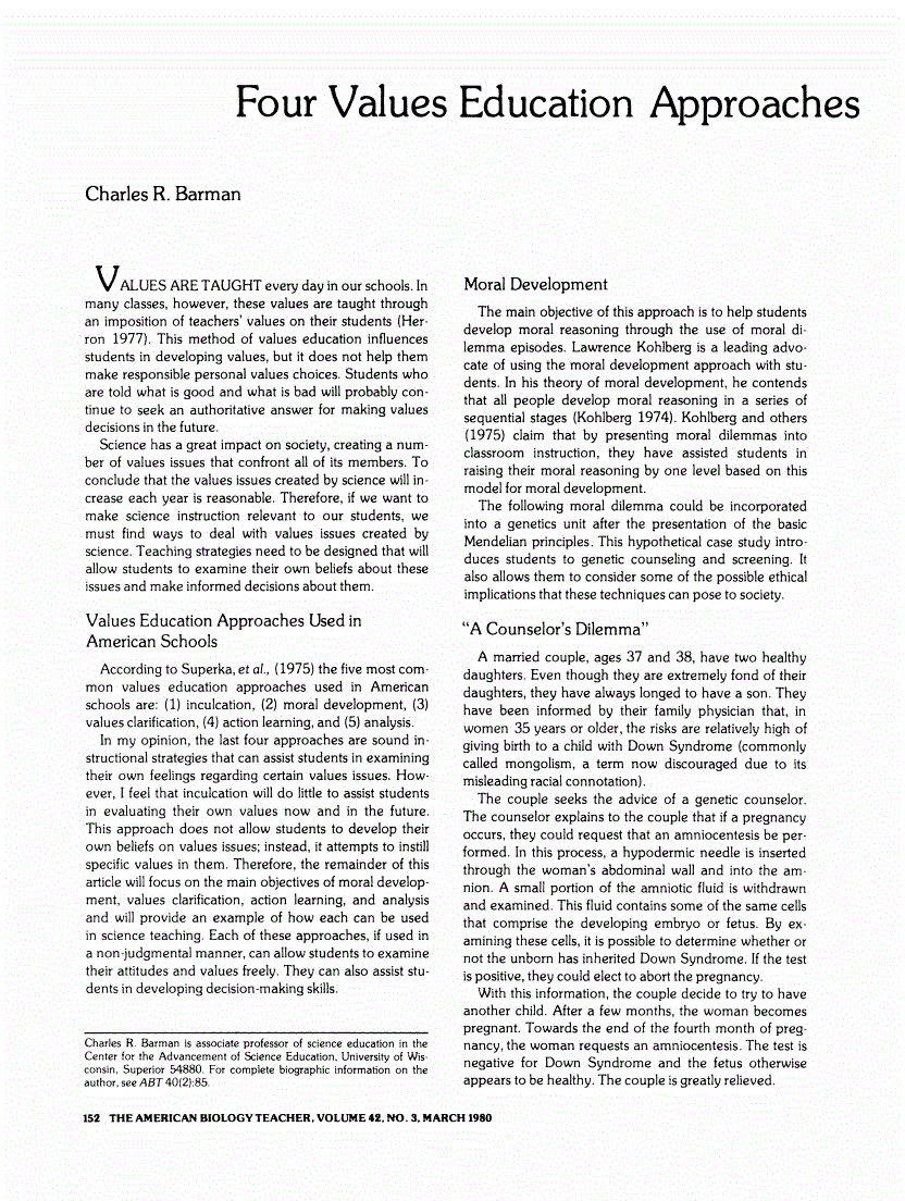 First page of Four Values Education Approaches for Science Teaching