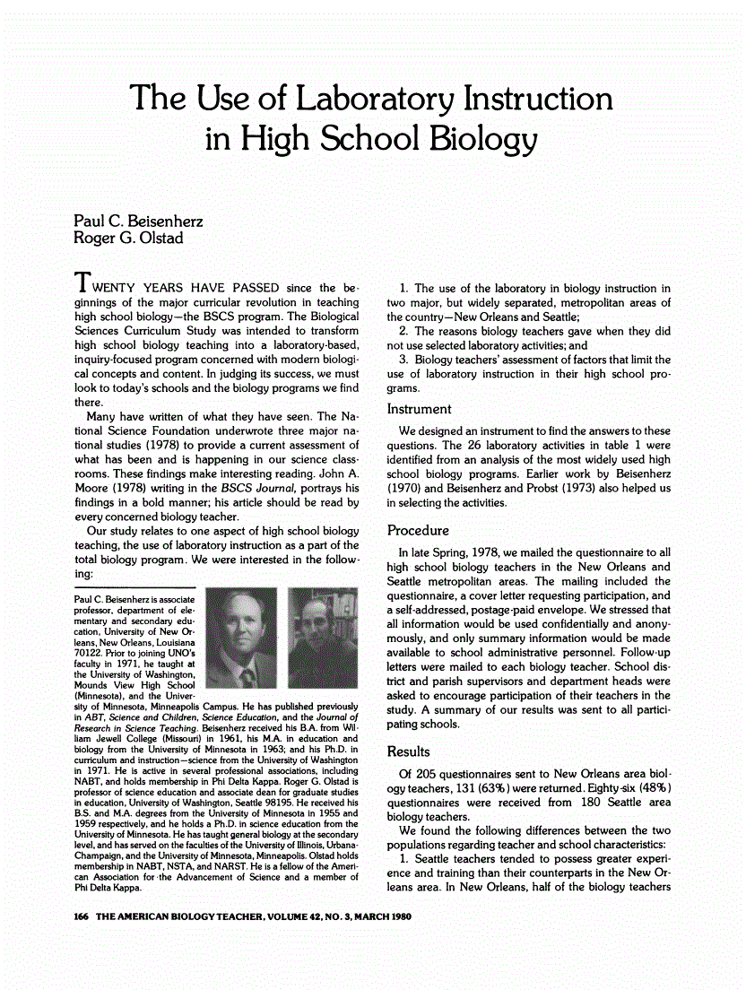 First page of The Use of Laboratory Instruction in High School Biology