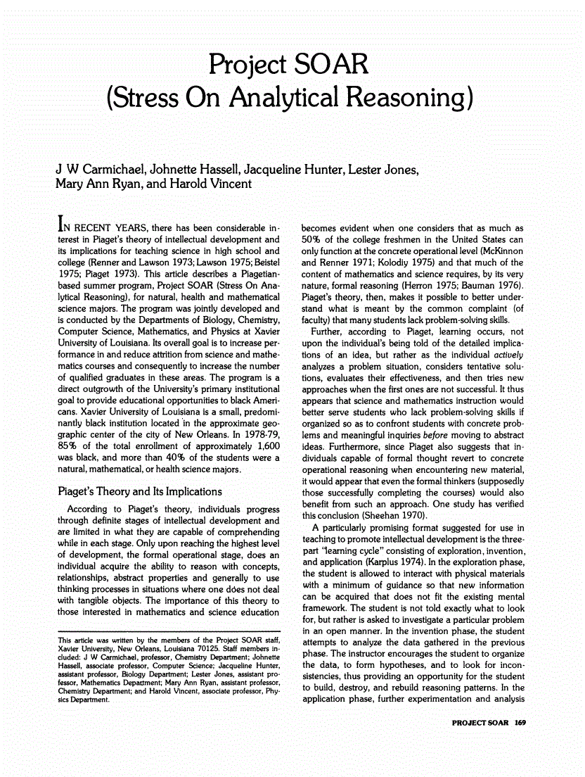 First page of Project SOAR (Stress on Analytical Reasoning)