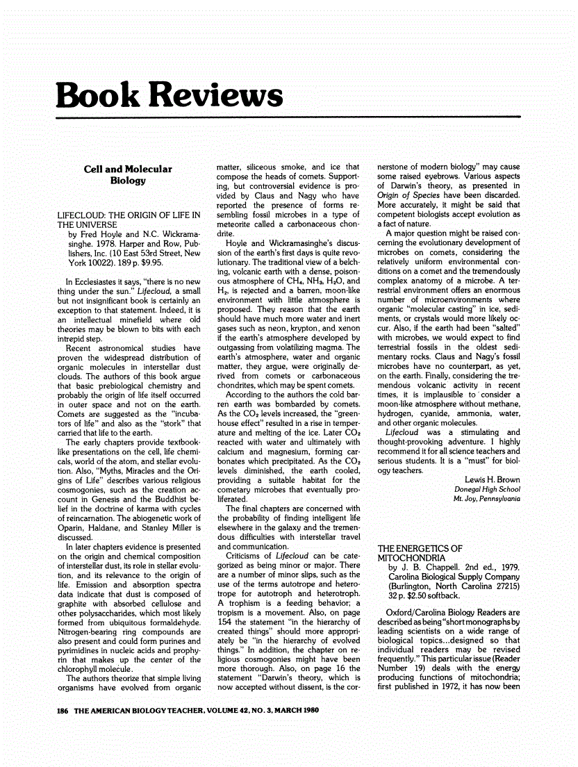 First page of Review: <italic>Lifecloud: The Origin of Life in the Universe</italic>, by Fred Hoyle and N. C. Wickramasinghe