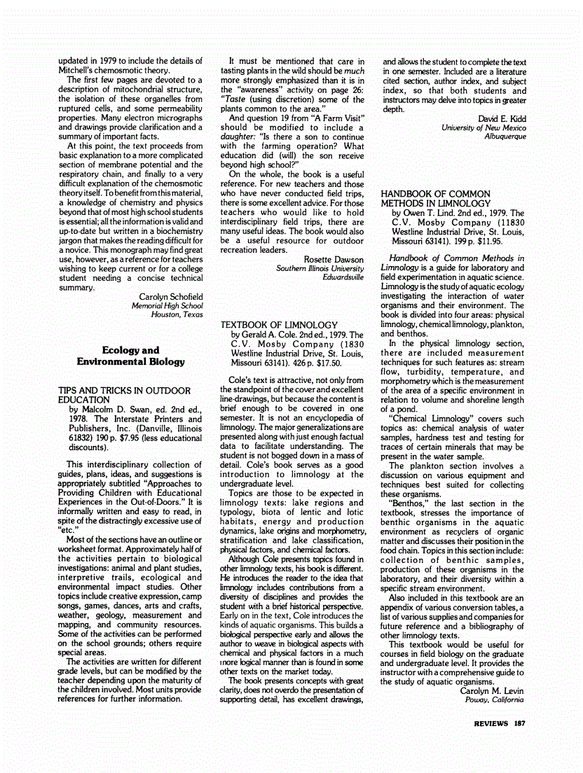 First page of Review: <italic>Textbook of Limnology</italic>, by Gerald A. Cole