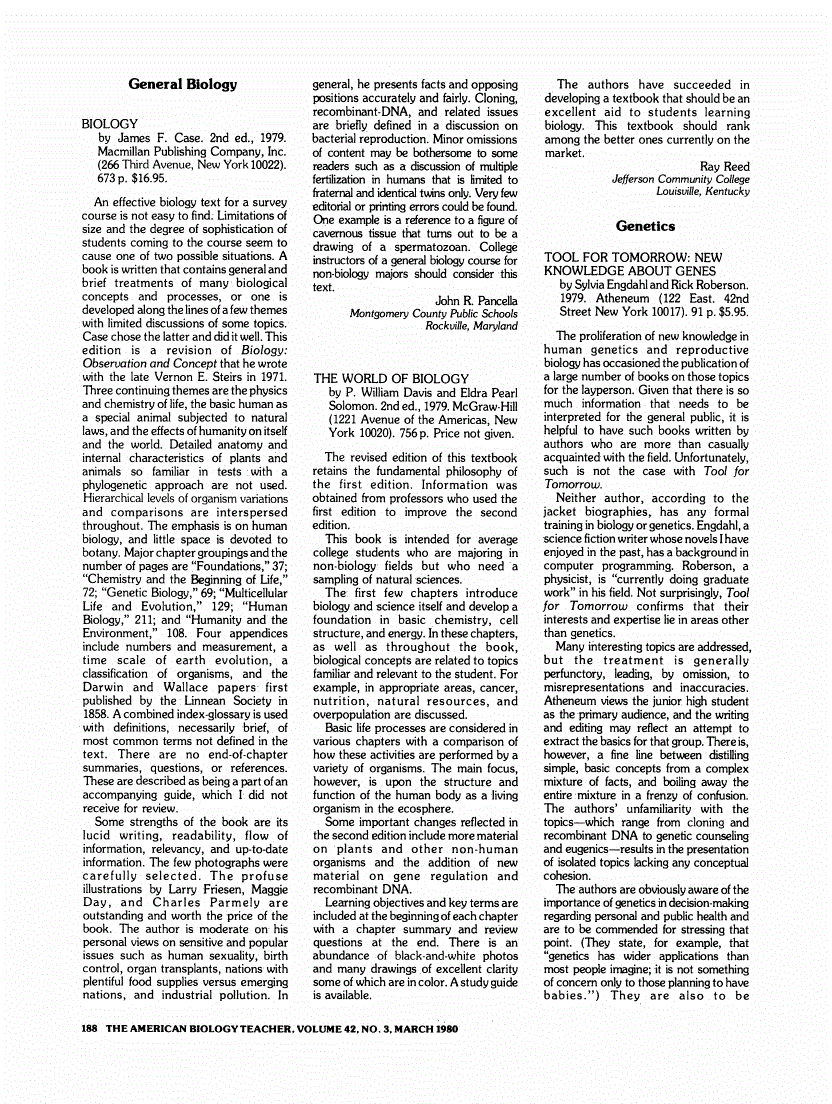 First page of Review: <italic>The World of Biology</italic>, by P. William Davis and Eldra Pearl Solomon