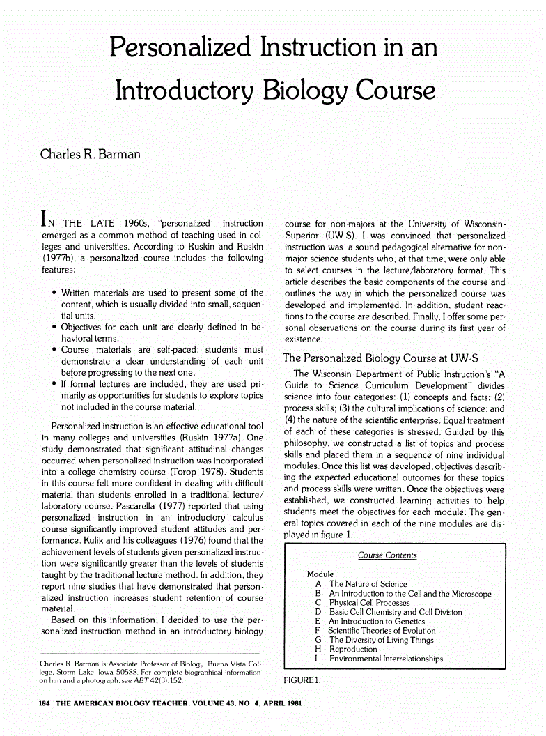 First page of Personalized Instruction in an Introductory Biology Course