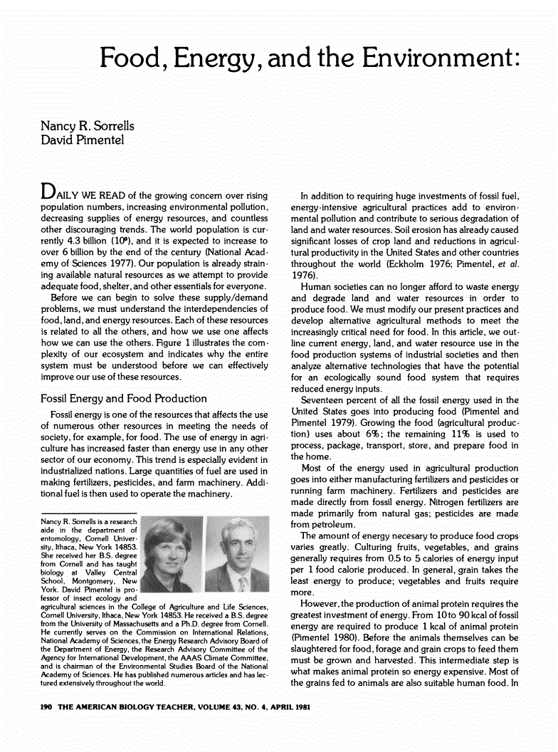 First page of Food, Energy, and the Environment: Alternatives for Creating New Lifestyles