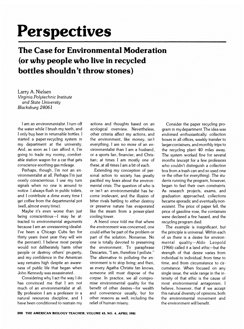 First page of The Case for Environmental Moderation (Or Why People Who Live in Recycled Bottles Shouldn't Throw Stones)