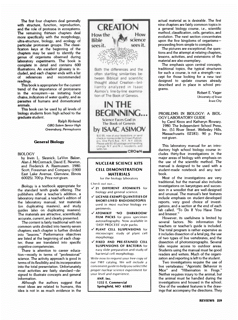 First page of Review: <italic>Problems in Biology: A Biology Laboratory Guide</italic>, by Carol Knox and Katheryn Rowsey