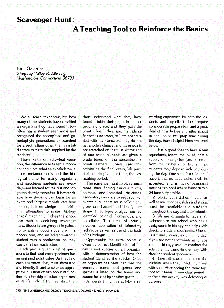 First page of Scavenger Hunt: A Teaching Tool to Reinforce the Basics