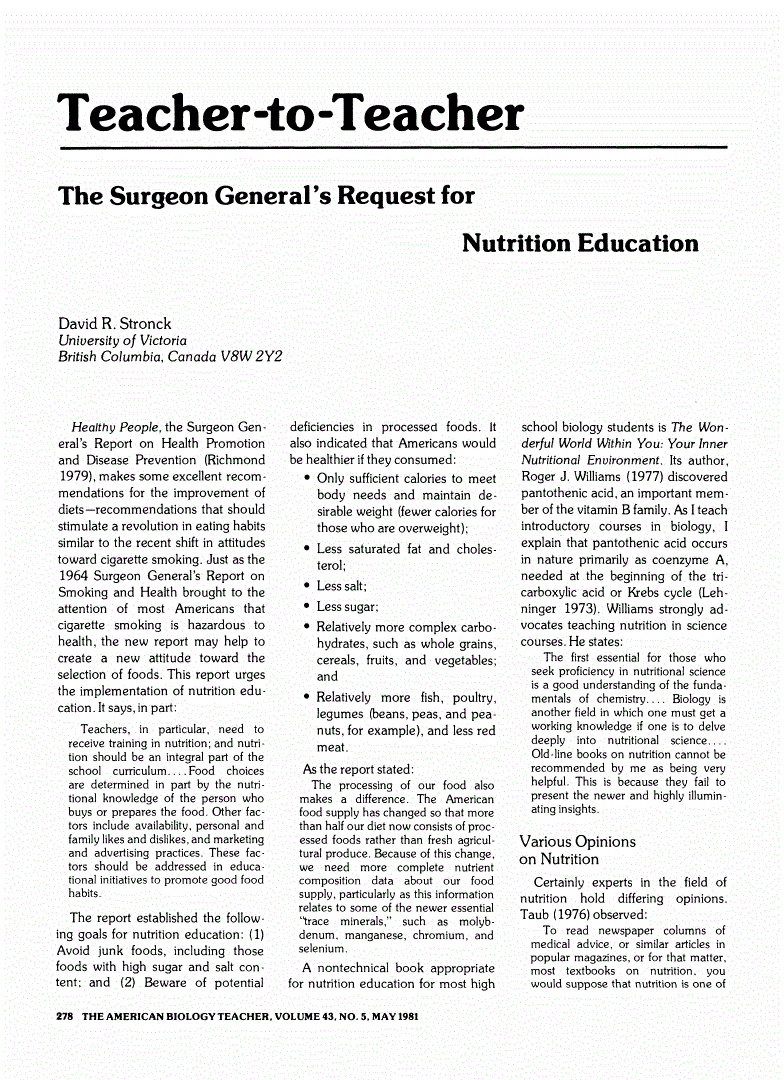 First page of The Surgeon General's Request for Nutrition Education