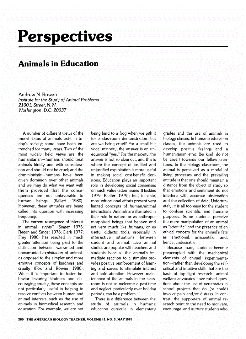 First page of Animals in Education