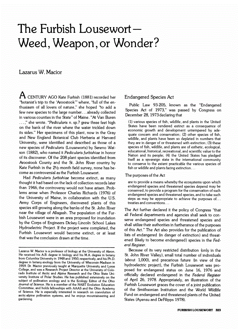 First page of The Furbish Lousewort: Weed, Weapon, or Wonder?