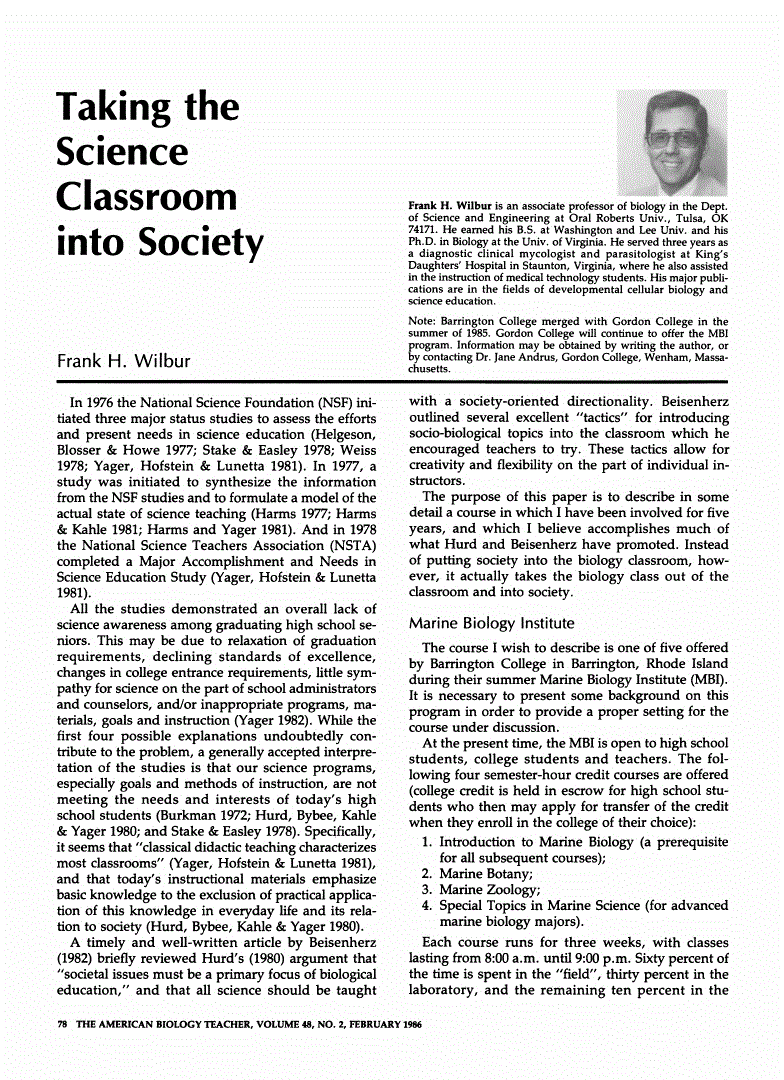 First page of Taking the Science Classroom into Society