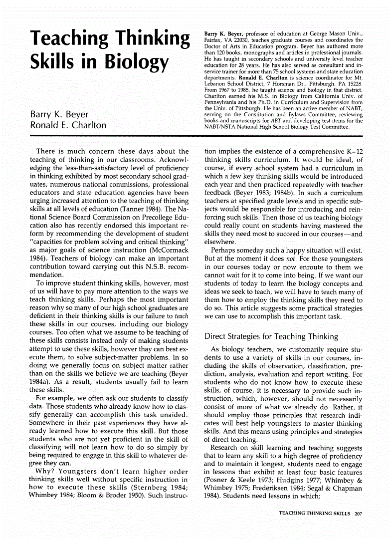 First page of Teaching Thinking Skills in Biology