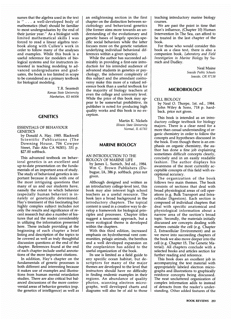First page of Review: <italic>An Introduction to the Biology of Marine Life</italic>, by James L. Sumich