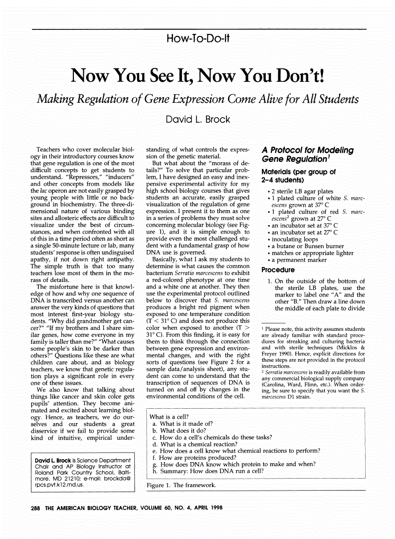First page of Now You See It, Now You Don't!: Making Regulation of Gene Expression Come Alive for All Students