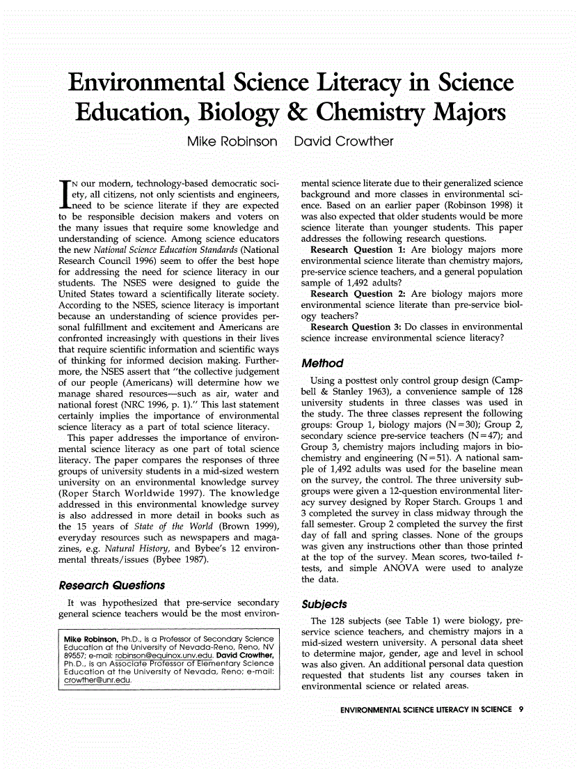 First page of Environmental Science Literacy in Science Education, Biology &amp; Chemistry Majors