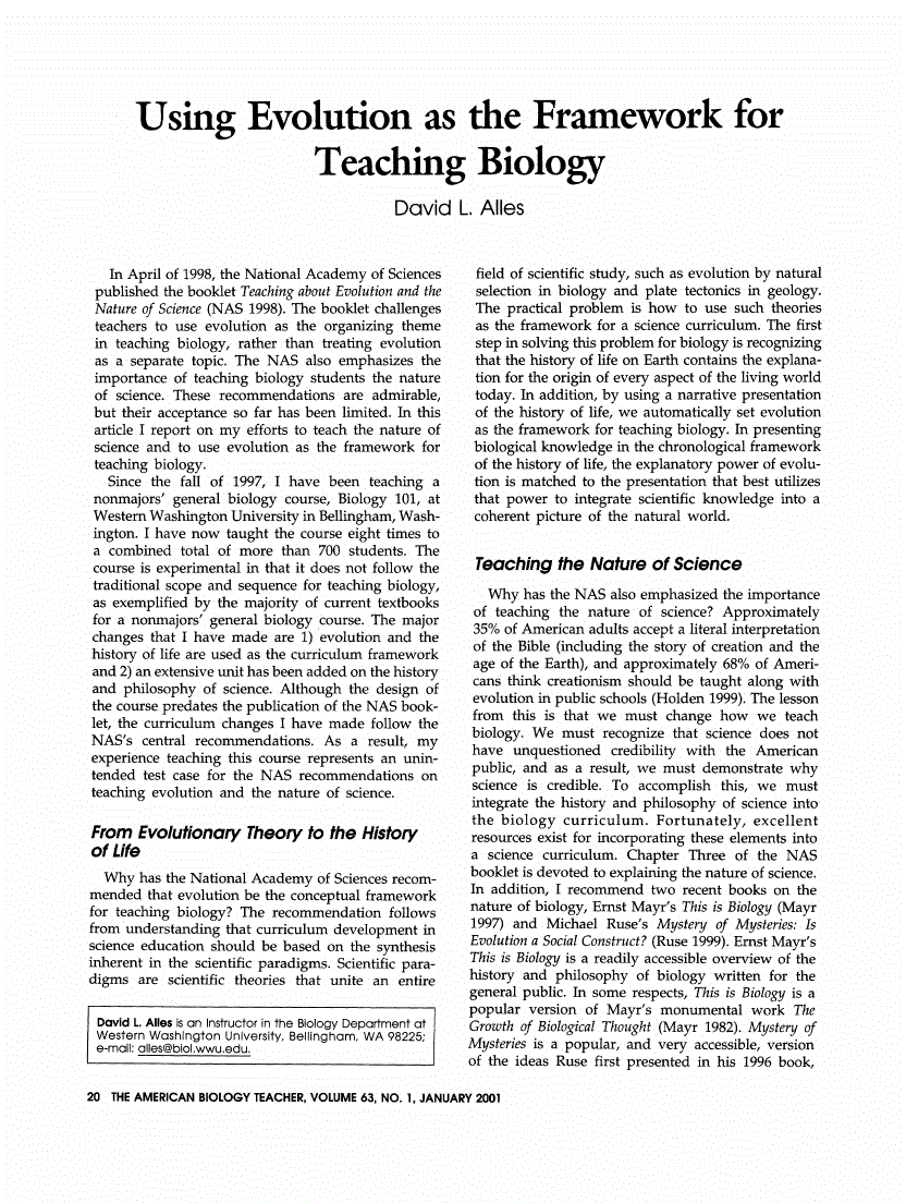 First page of Using Evolution as the Framework for Teaching Biology