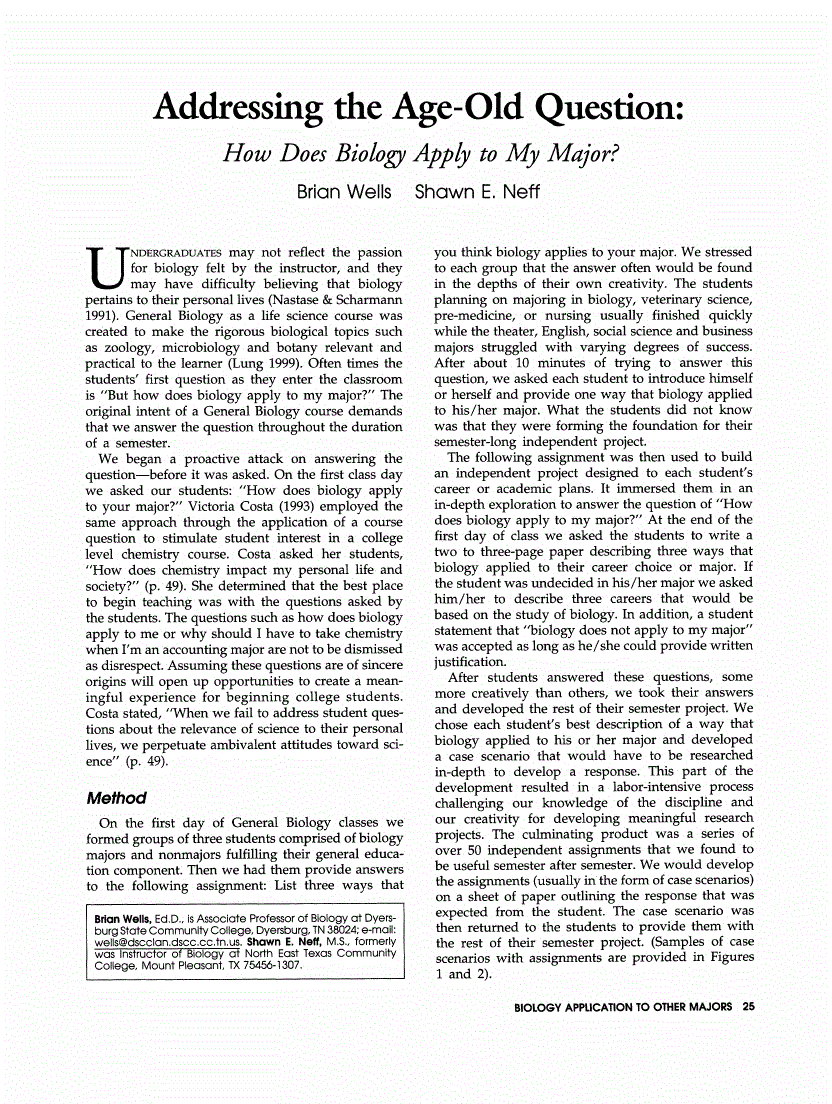 First page of Addressing the Age-Old Question: How Does Biology Apply to My Major?
