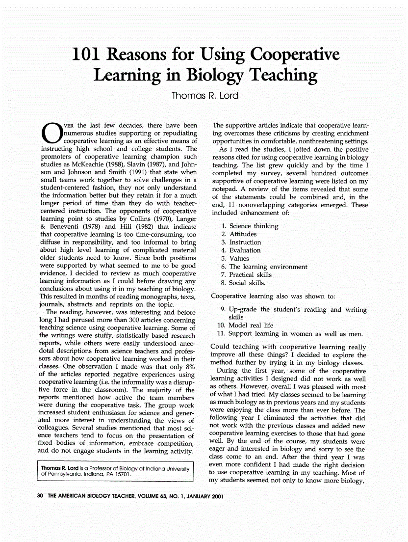 First page of 101 Reasons for Using Cooperative Learning in Biology Teaching