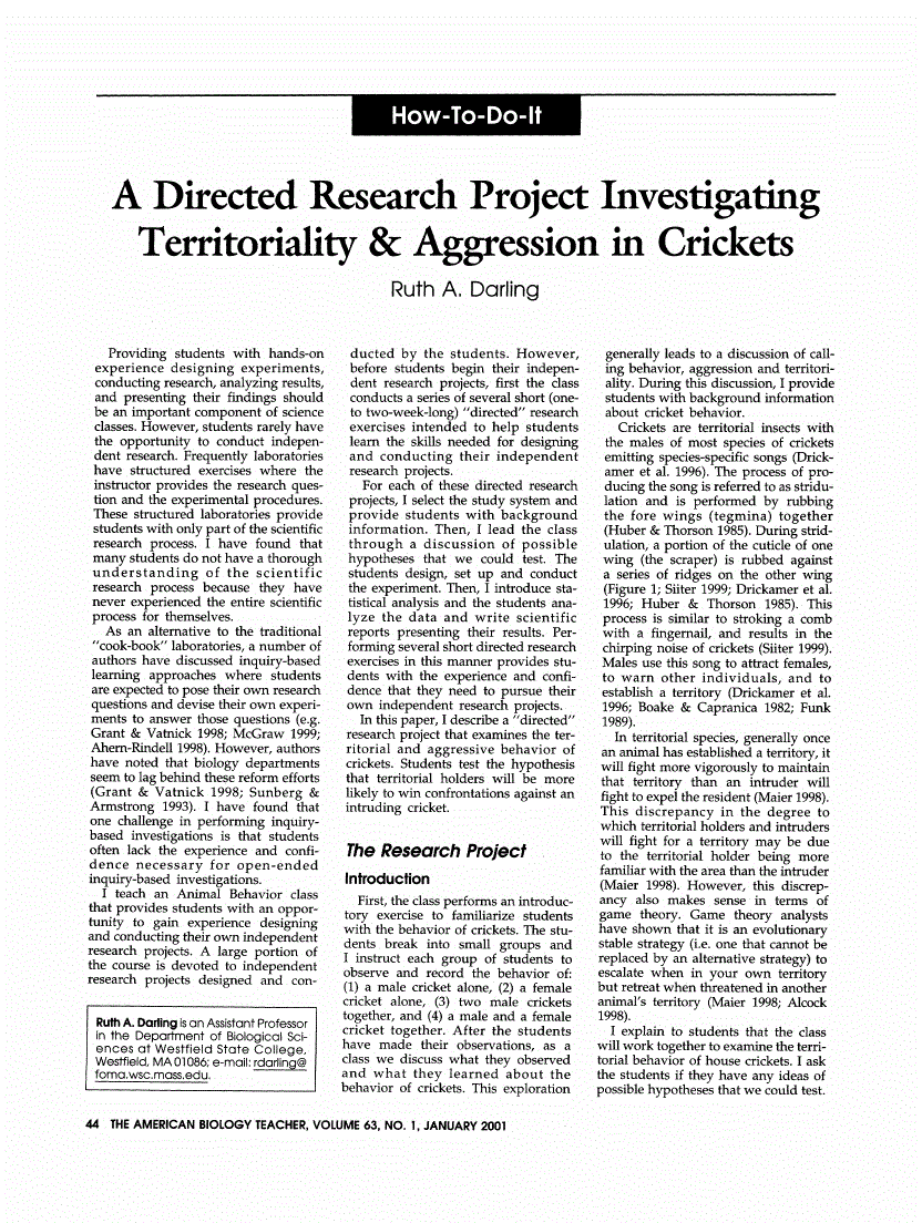 First page of A Directed Research Project Investigating Territoriality &amp; Aggression in Crickets
