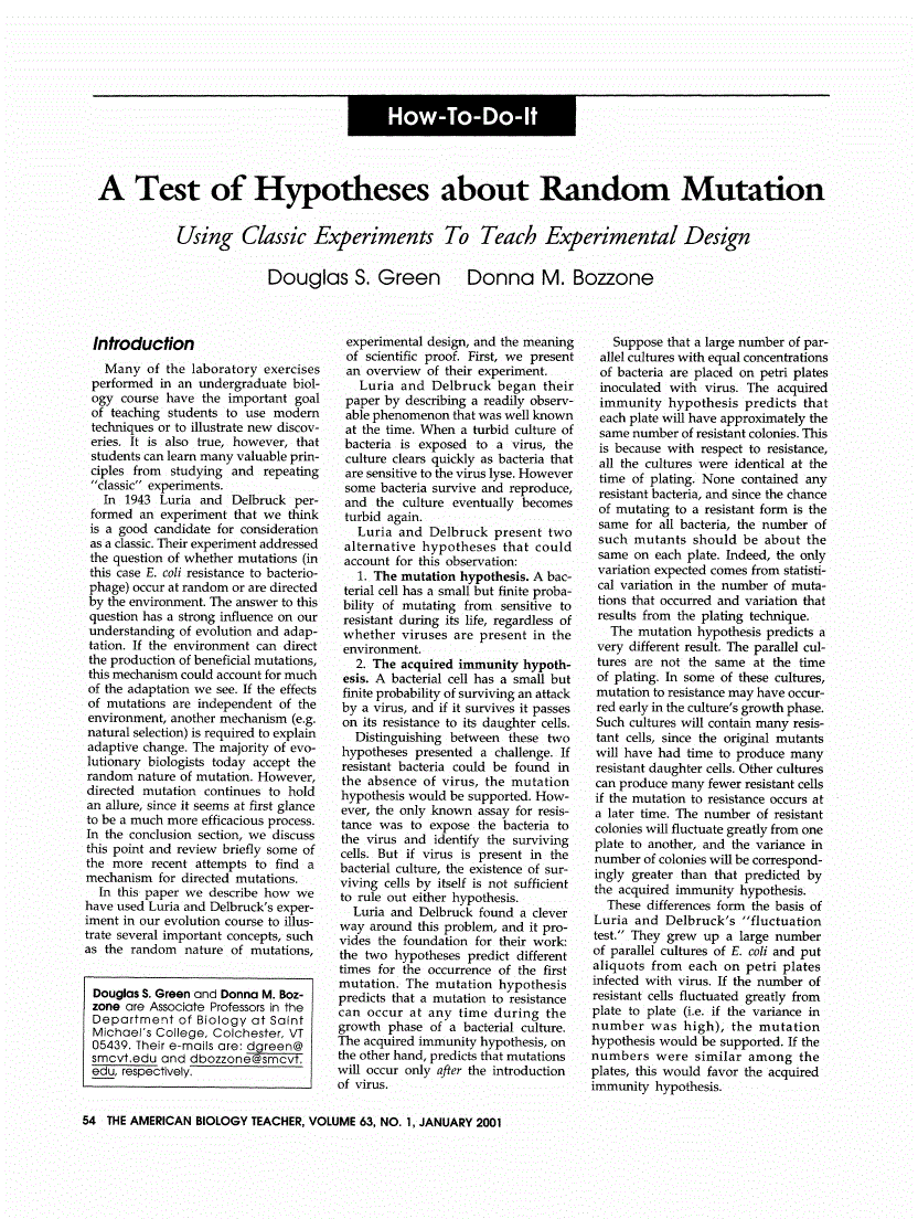 First page of A Test of Hypotheses about Random Mutation: Using Classic Experiments to Teach Experimental Design