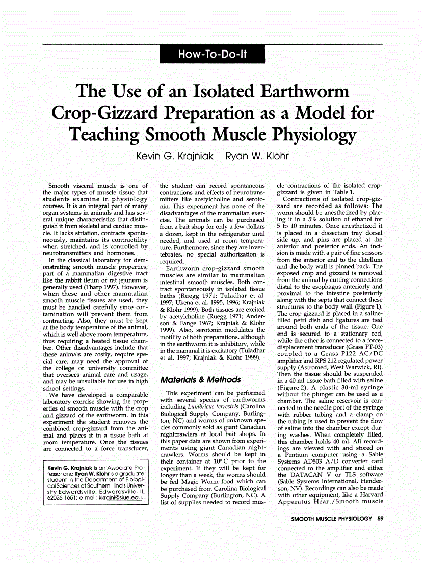 First page of The Use of an Isolated Earthworm Crop-Gizzard Preparation as a Model for Teaching Smooth Muscle Physiology