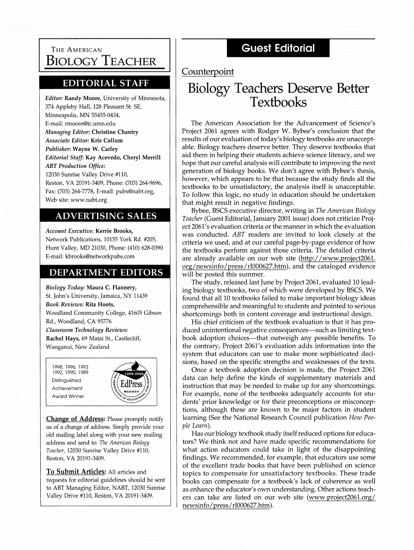 First page of Counterpoint: Biology Teachers Deserve Better Textbooks