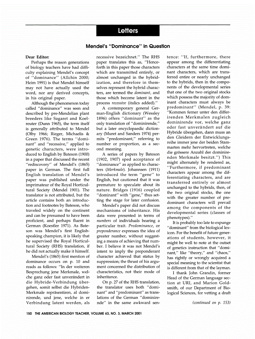 First page of Mendel's "Dominance" in Question
