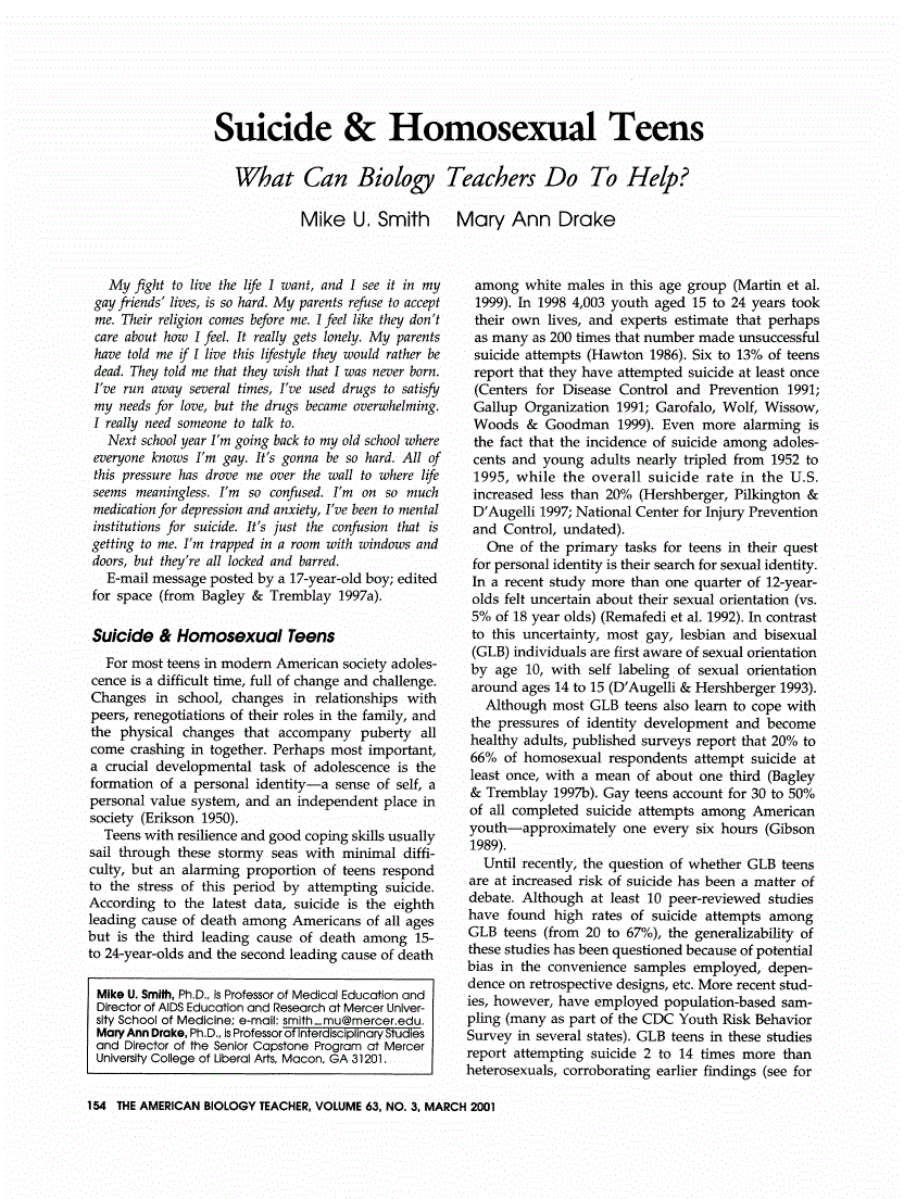 First page of Suicide &amp; Homosexual Teens: What Can Biology Teachers Do to Help?