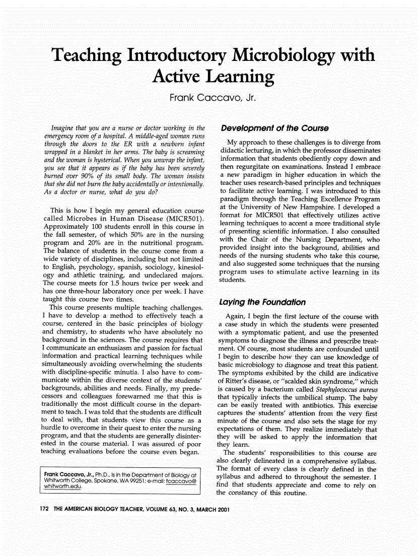 First page of Teaching Introductory Microbiology with Active Learning