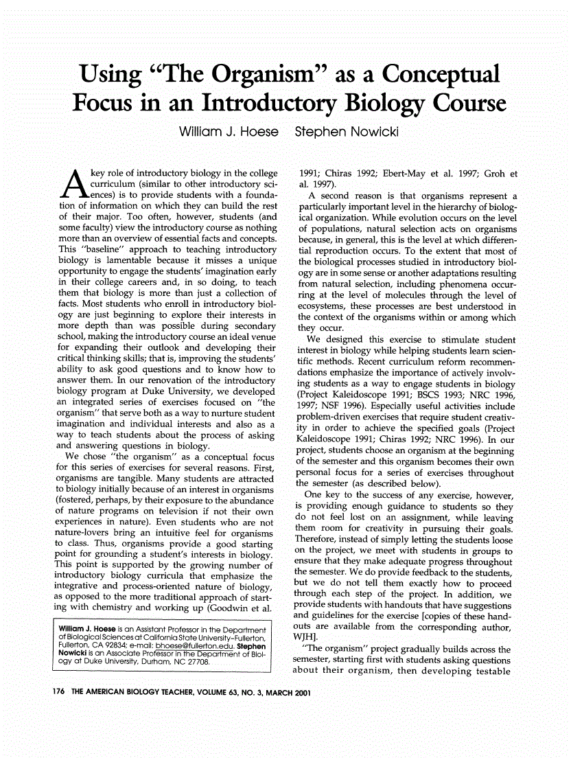First page of Using "The Organism" as a Conceptual Focus in an Introductory Biology Course
