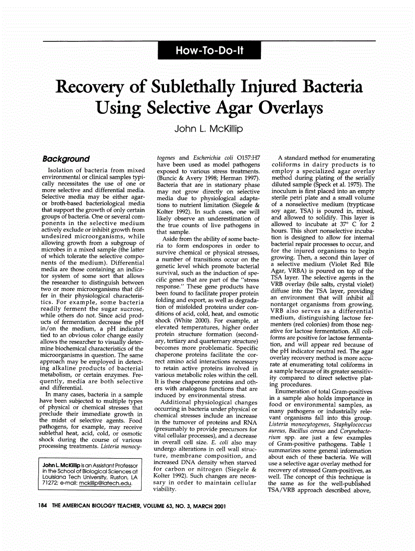 First page of Recovery of Sublethally Injured Bacteria Using Selective Agar Overlays