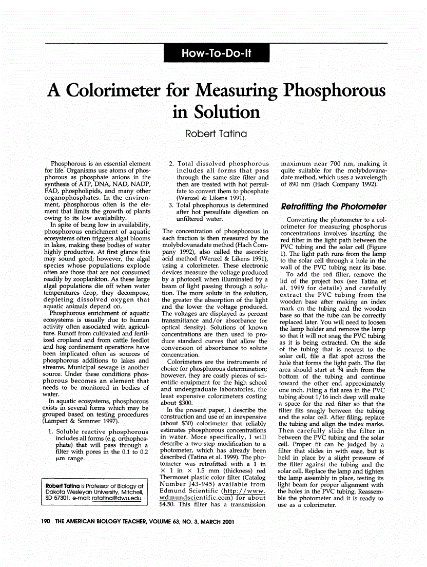 First page of A Colorimeter for Measuring Phosphorous in Solution