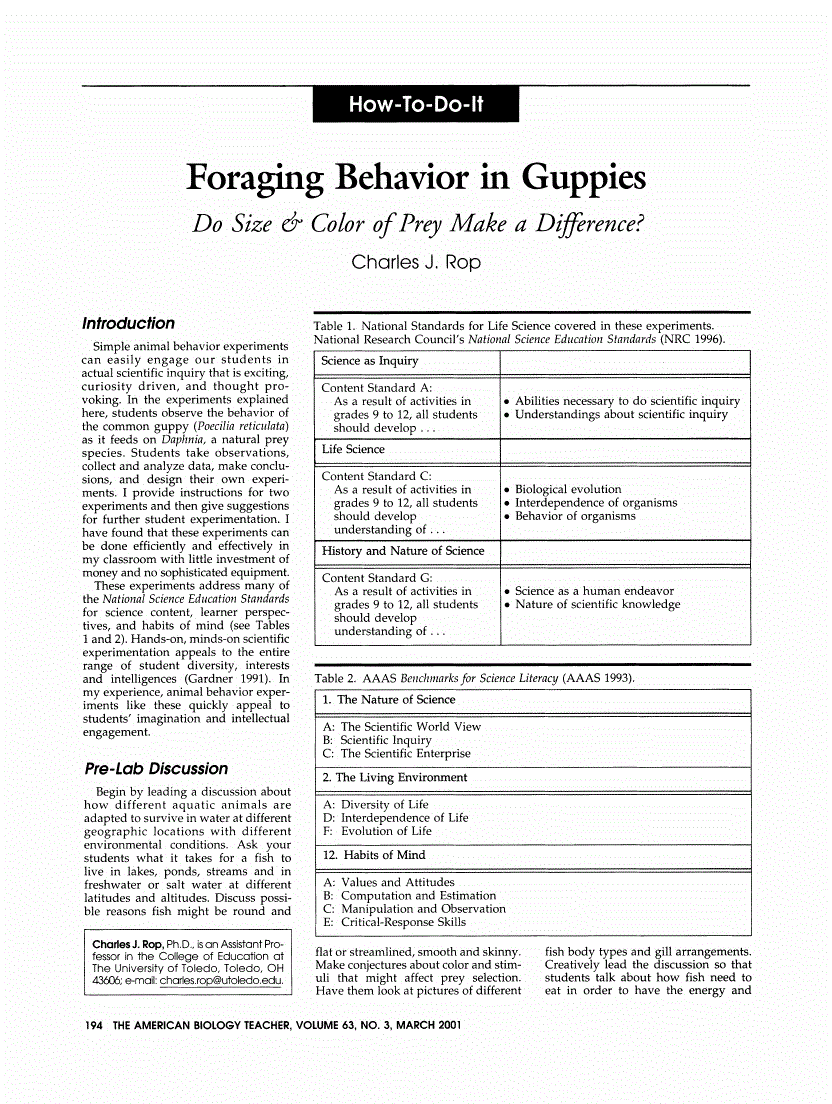 First page of Foraging Behavior in Guppies: Do Size &amp; Color of Prey Make a Difference?