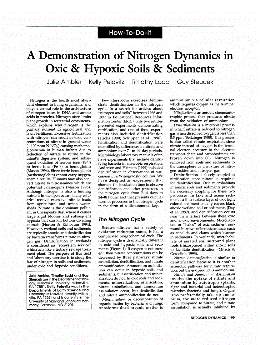 First page of A Demonstration of Nitrogen Dynamics in Oxic &amp; Hypoxic Soils &amp; Sediments