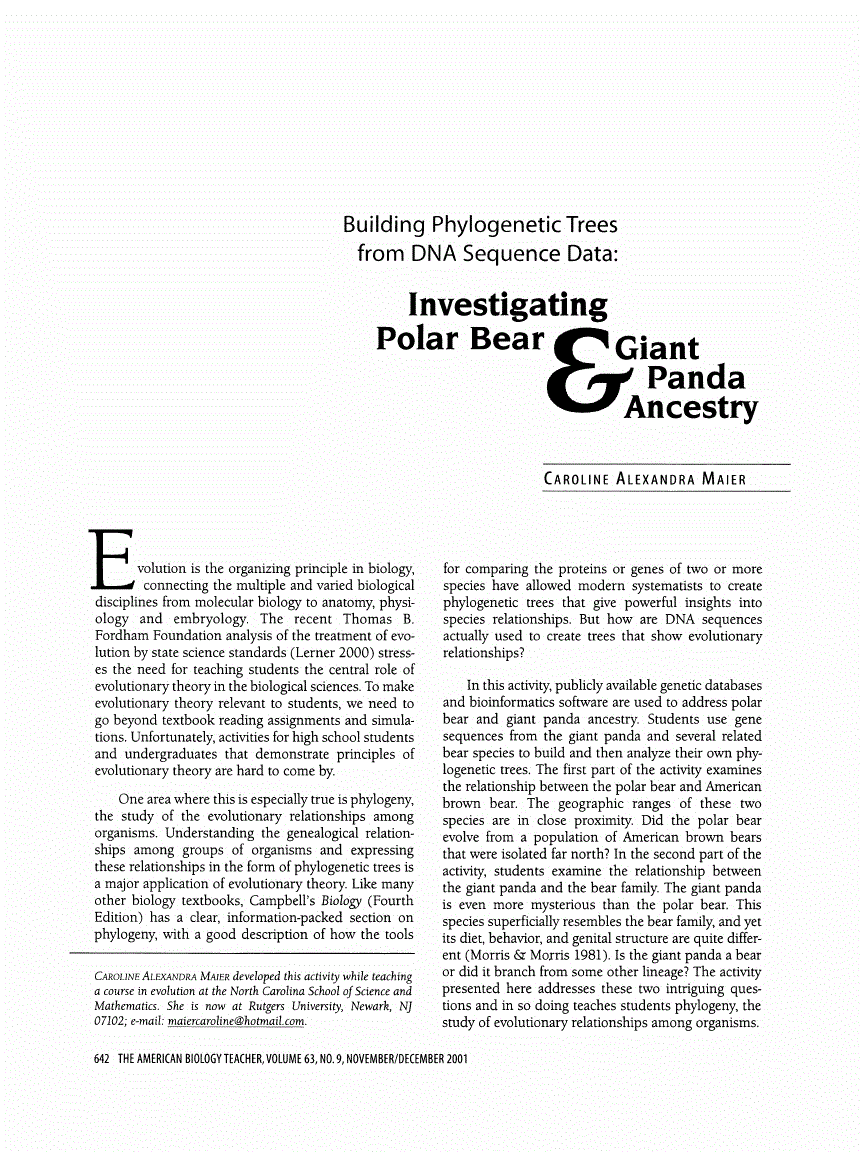 First page of Building Phylogenetic Trees from DNA Sequence Data: Investigating Polar Bear &amp; Giant Panda Ancestry