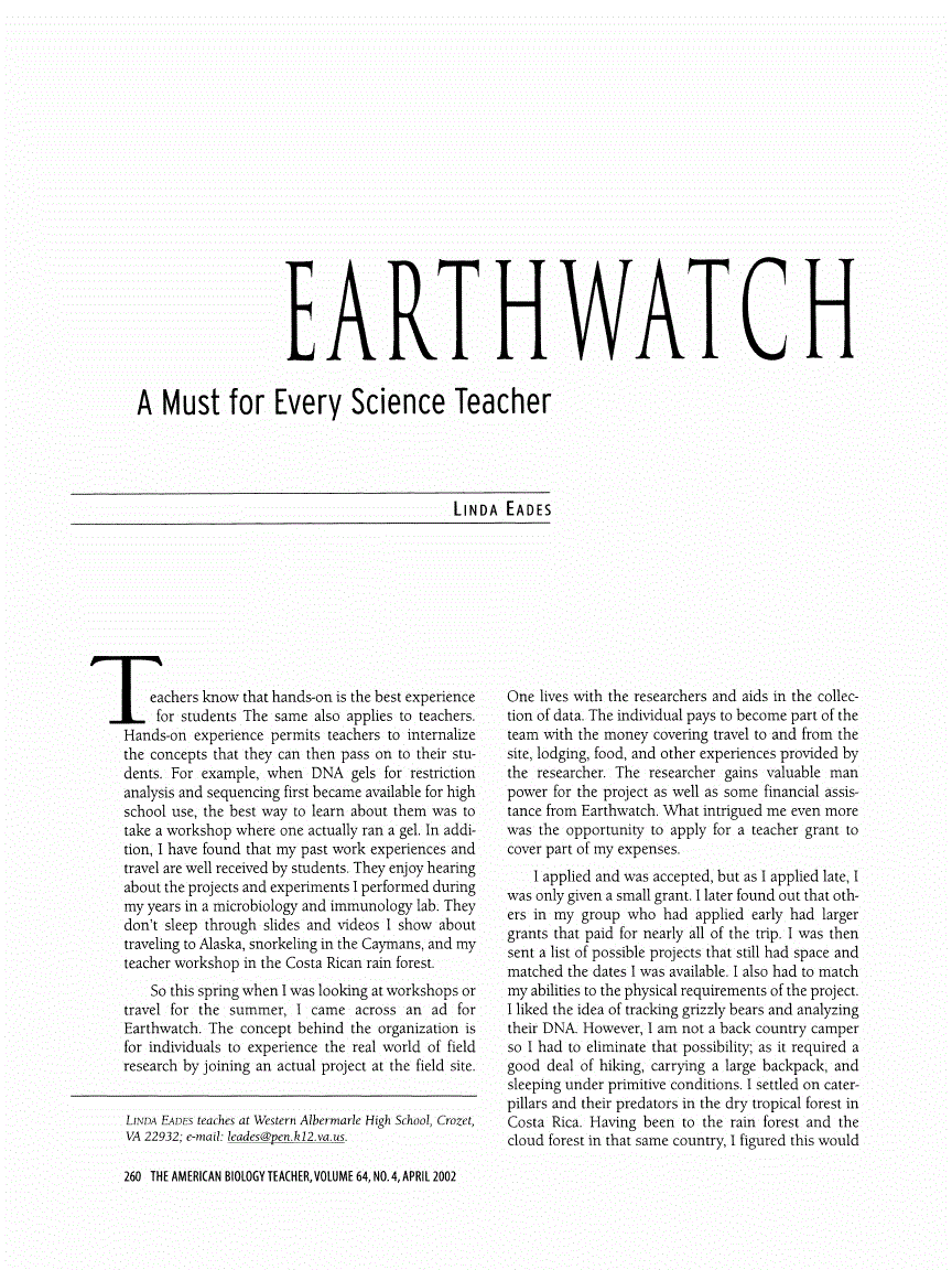 First page of Earthwatch: A Must for Every Science Teacher
