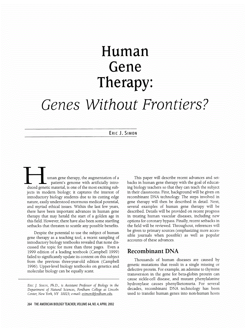 First page of Human Gene Therapy: Genes without Frontiers?