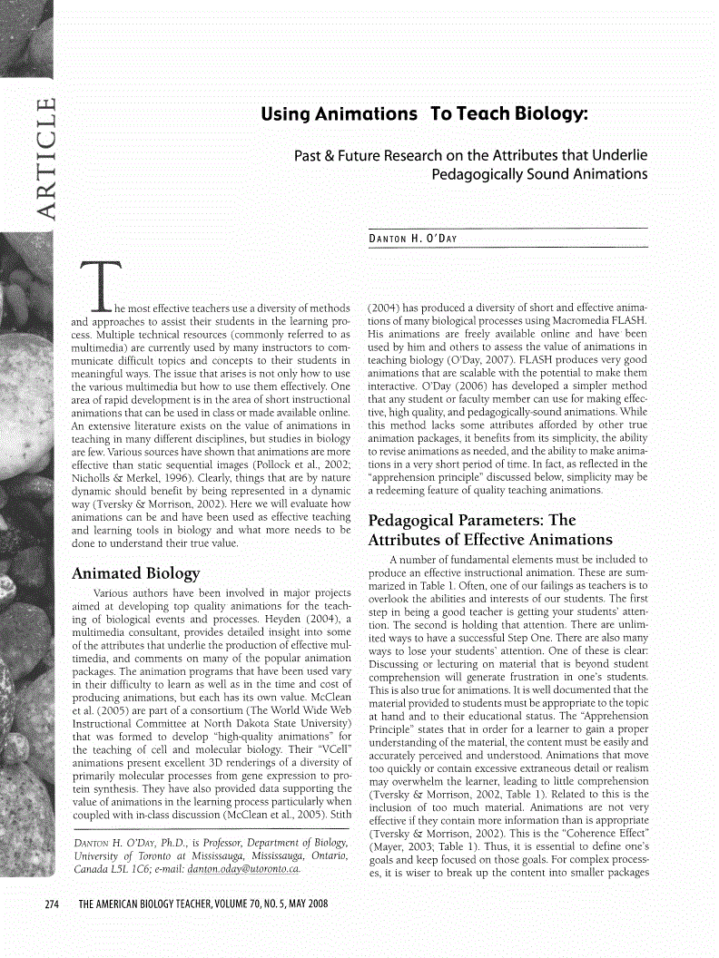 First page of Using Animations to Teach Biology: Past &amp; Future Research on the Attributes That Underlie Pedagogically Sound Animations