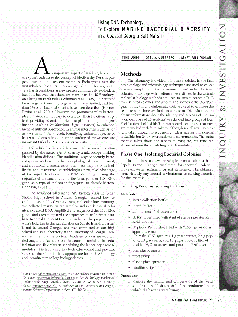 First page of Using DNA Technology to Explore Marine Bacterial Diversity in a Coastal Georgia Salt Marsh